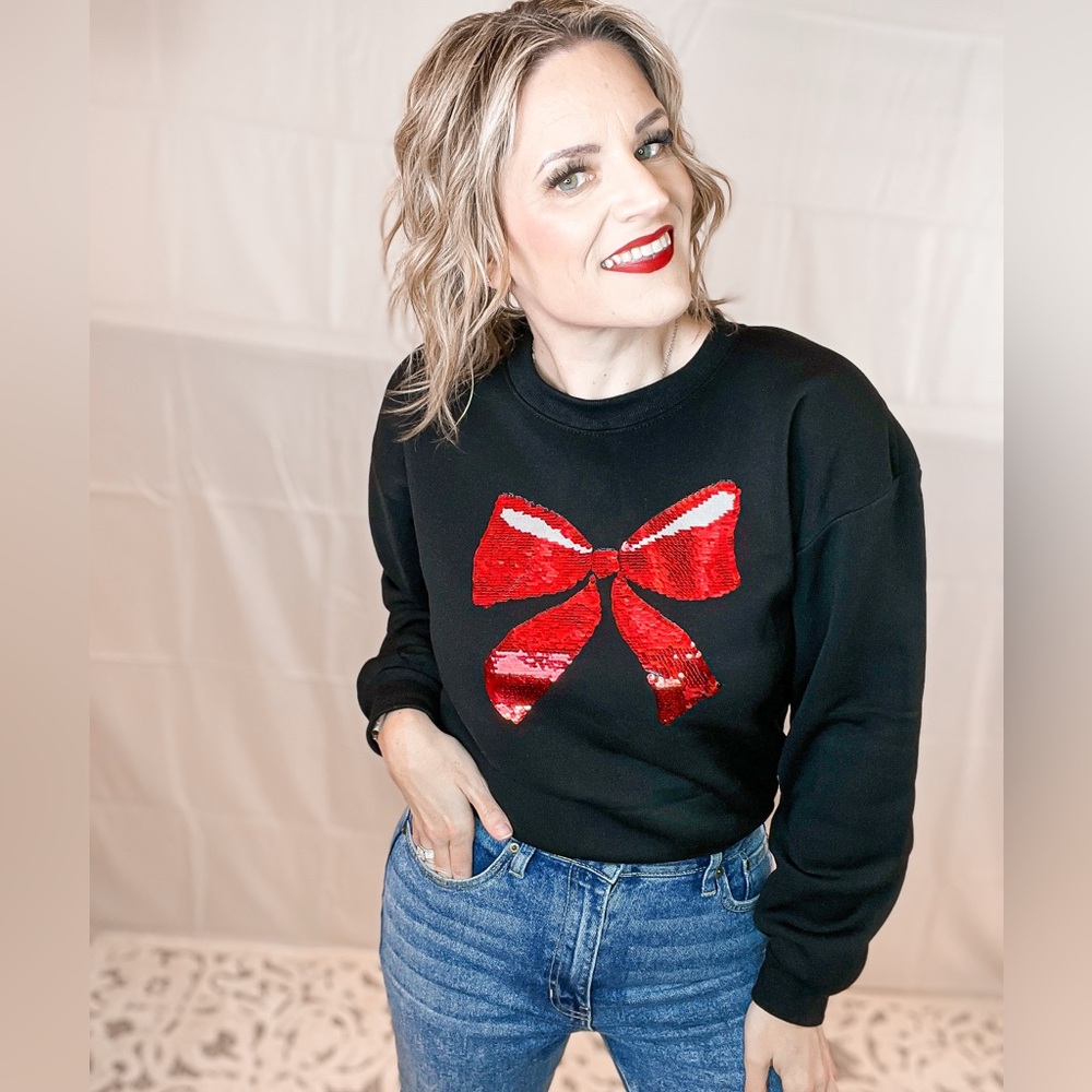 NWT! Red Sequin Bow Black Sweatshirt